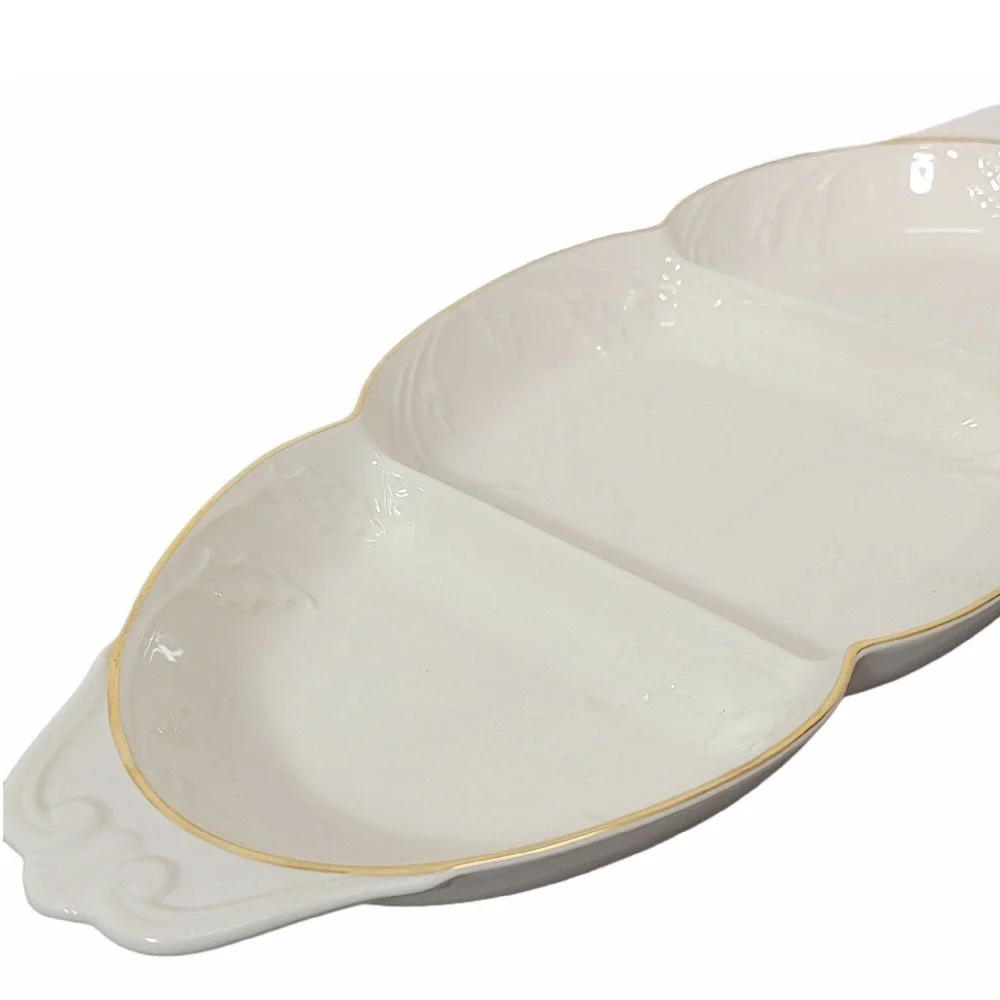Lenox Holiday Heirloom‎ 3 Part Relish Tray Gold Trim Divided Serving Platter